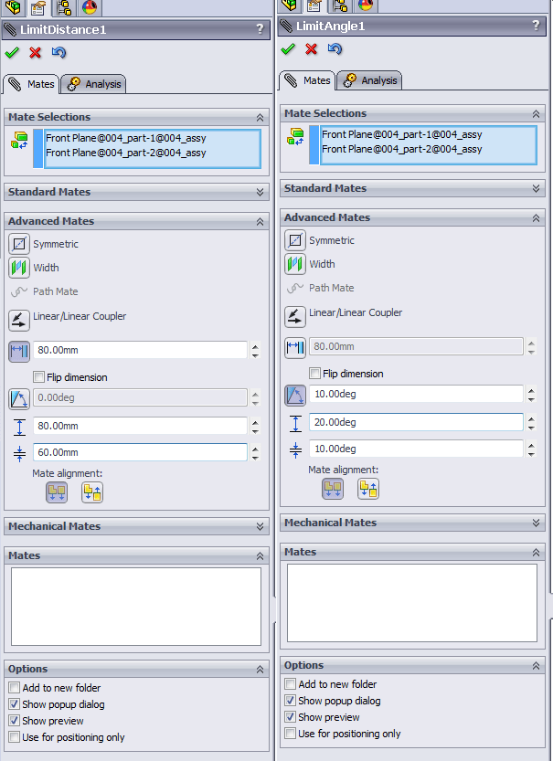 Limit distance and limit angle mates will allow and limit part movements in assemblies