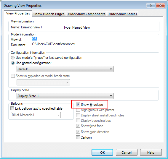 solidworks show envelope in drawing view