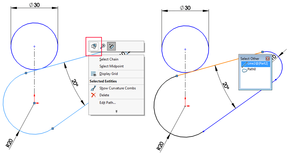 solidworks select single line in path