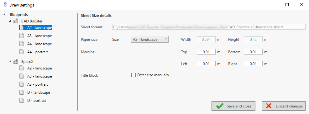 Drew settings Sheet Size details