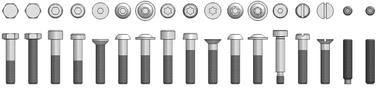 boven en zijaanzicht van 17 fastener models