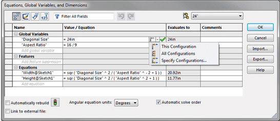 solidworks equations menu