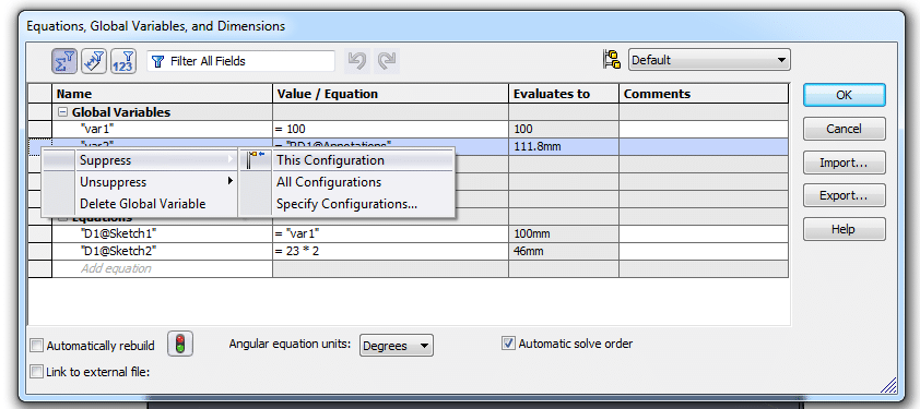 solidworks suppress equation