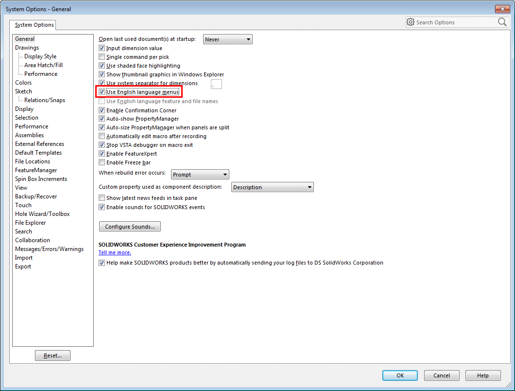 solidworks use English language menus