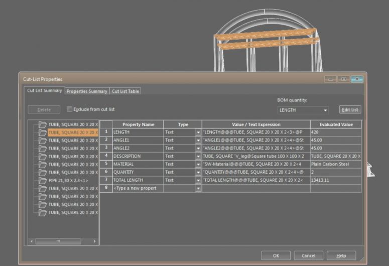 solidworks variables for cut list custom properties