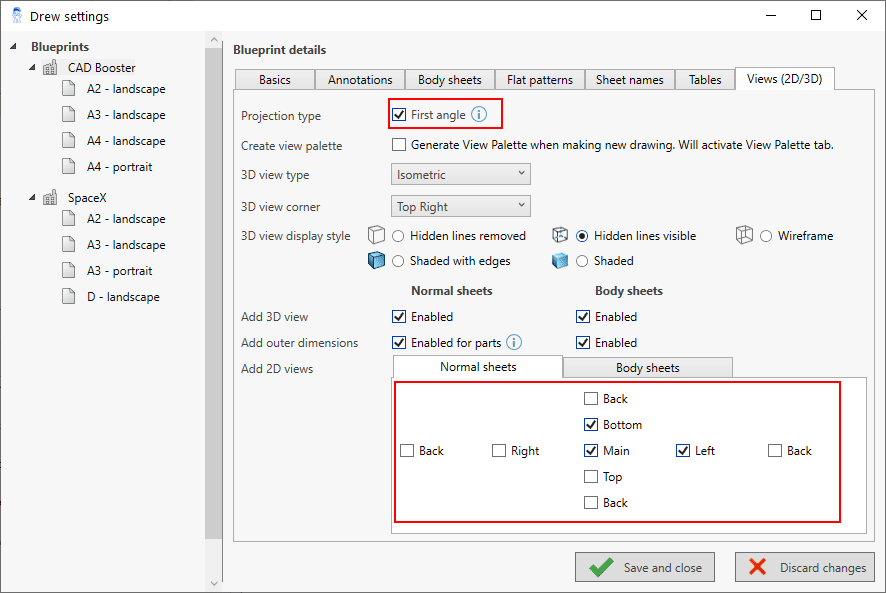 Drew first angle european projection