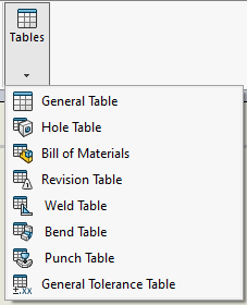 Available table types in Solidworks
