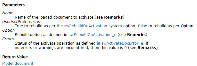 isldworks AcitvateDoc3 parameters