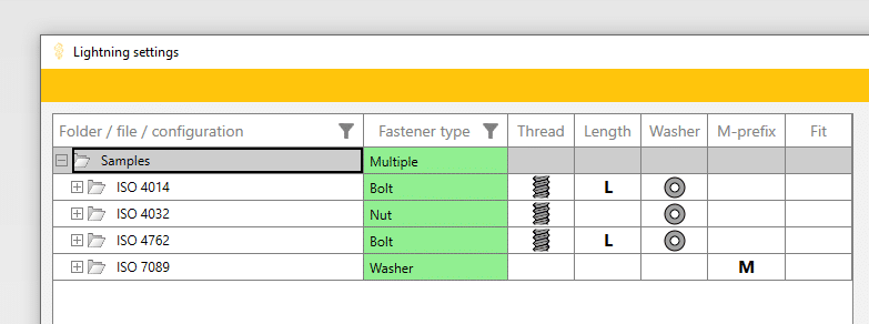 Lightning settings fastener types