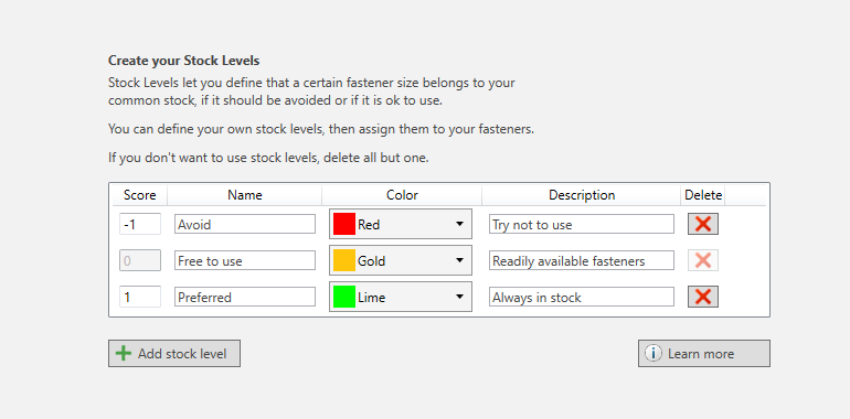 Lightning list of stock levels / preferred fasteners