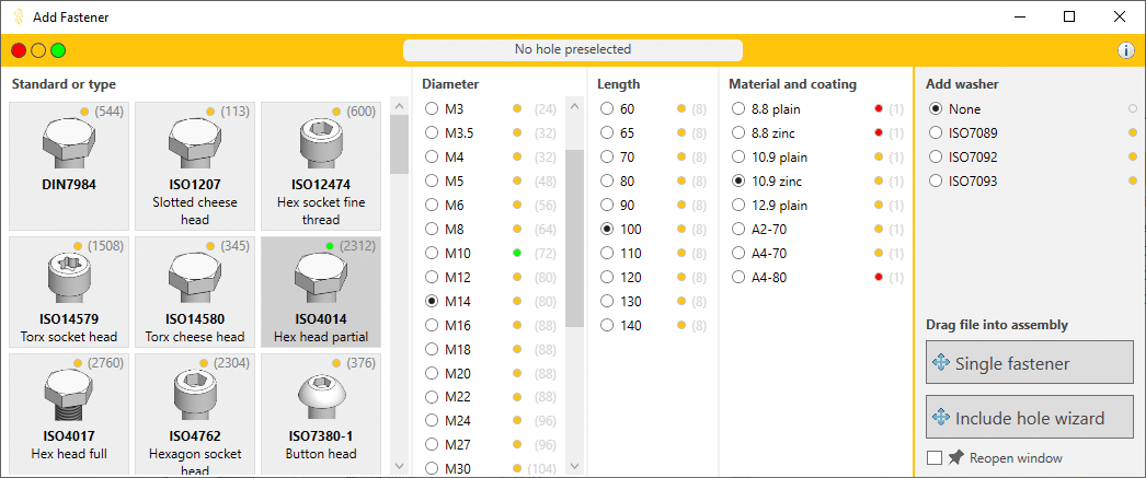 Lightning stock levels in Select Fastener window